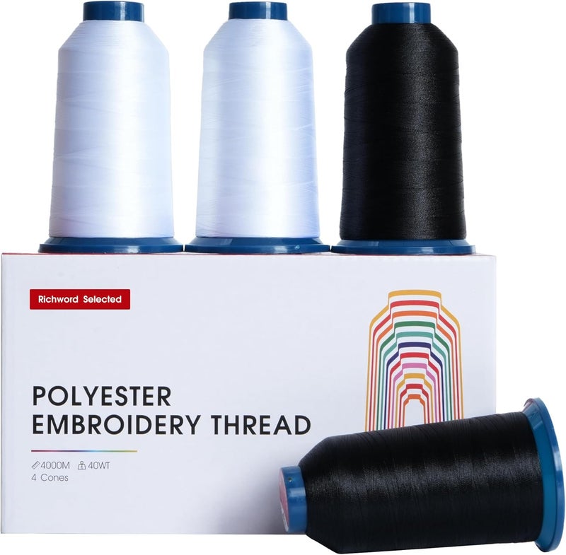 Poolin Richword Selected Black and White Embroidery Thread Set – 4 Rolls (2 Black, 2 White), 40WT Polyester 4000M for Home & Commercial Embroidery Machines - Image 1